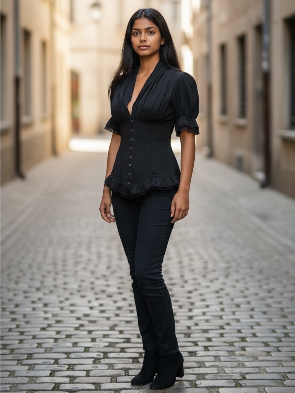 Black Victorian-Inspired Buttoned Corset Back Top